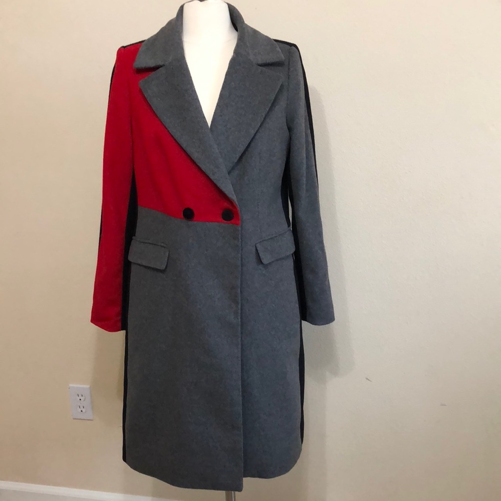 Red, Black and Gray Color block Pea Coat